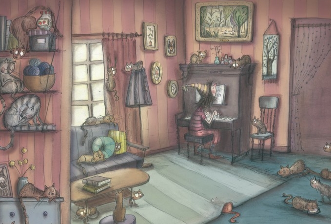 Henriettes Heim für schüchterne und ängstliche Katzen: Henriette und ihre Katzen im Wohnzimmer