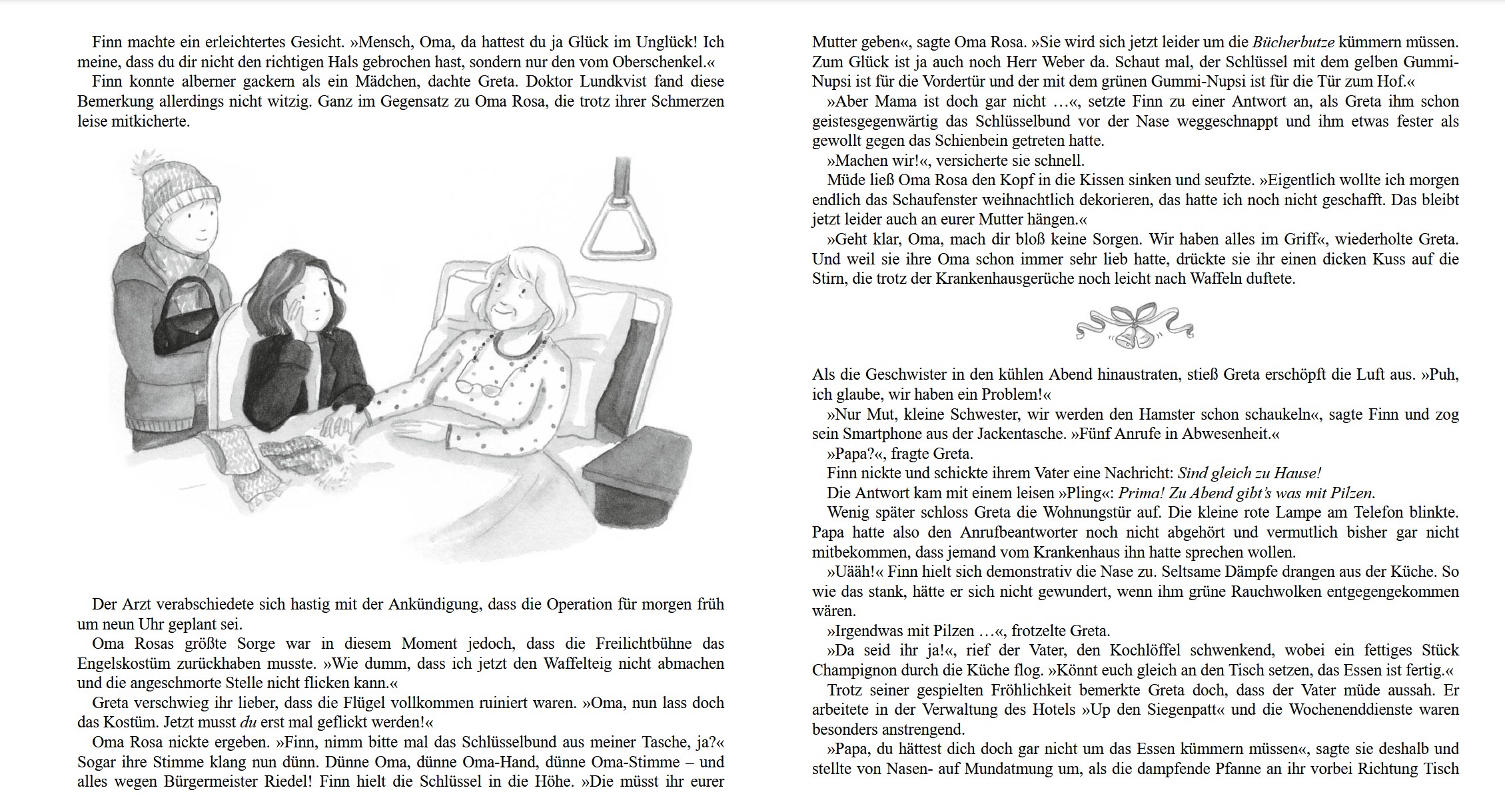 Weihnachten in der Pfeffergasse - Oma Rosa im Krankenhaus: Dargestellt ist eine Frau, die in einem Bett liegt und an dem zwei Kinder stehen.