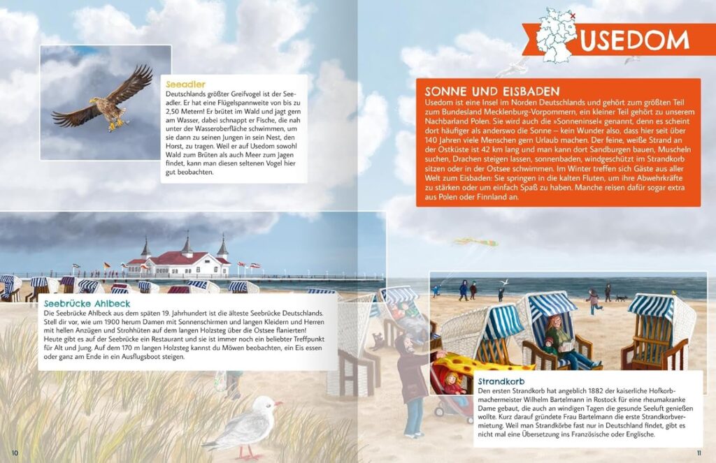 Deutschland - Landschaften, Städte, Menschen: Usedom - Abgebildet sind das Meer und ein Strand sowie Informationen zur Insel Udesom.