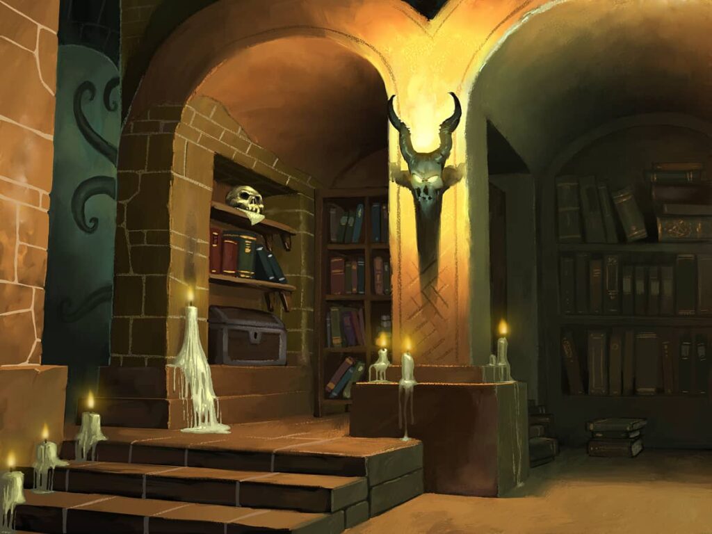 Escape Room – Flucht aus dem Haus der Geister: Unterirdische düstere Bibliothek mit Kerzen beleuchtet