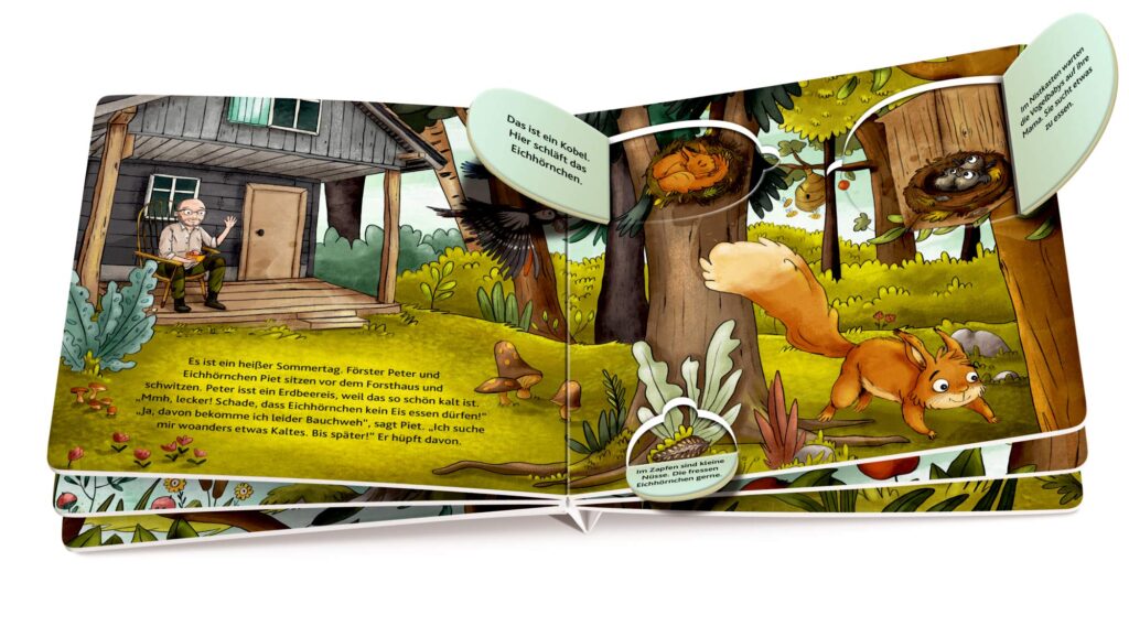 Kühle Pfötchen für Piet: Einblick ins Bilderbuch mit Klappen - Förster Piet vor seiner Hütte und Eichhörnchen Piet hüpft davon