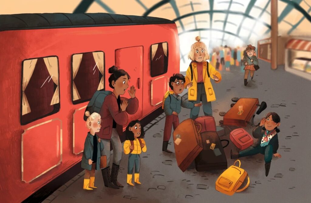Das Wunder von R.: Familie Greco-Aiden neben dem Zug am Bahnsteig