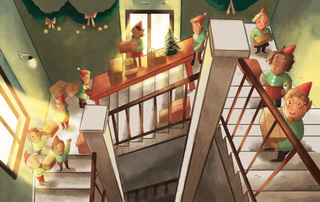 Das Wunder von R.: Weihnachtswichtel mit Päckchen im Treppenhaus