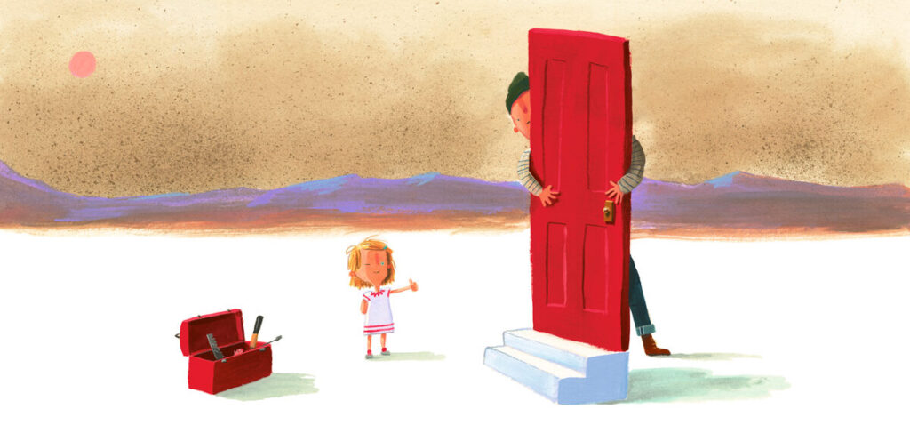 Was wir bauen: Mann hält eine rote Tür und Mädchen regt den Daumen