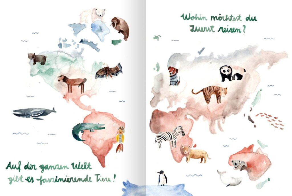 Die Tierwelt, die dir gefällt: aquarellige Darstellung von Tieren auf der Weltkarte