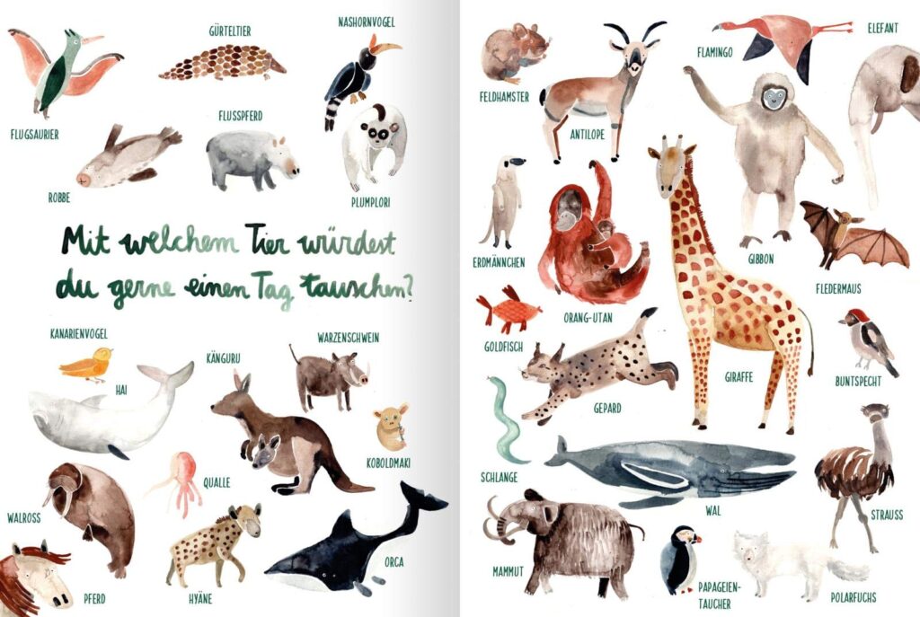Die Tierwelt, die dir gefällt: aquarellige Tiere und ihre Benennung