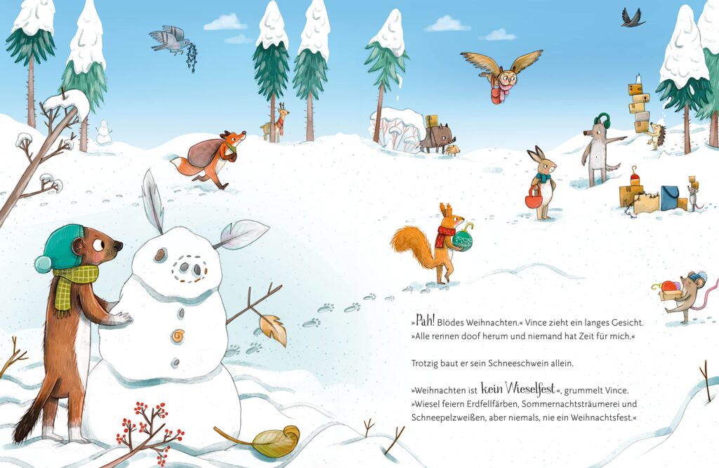 Wie feiern Wiesel Weihnachten?: Wiesel Vince baut einen Schneemann. Die anderen Tiere sind mit Weihnachtssachen beschäftigt.