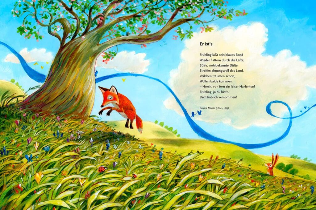 Er ist’s – Die schönsten Frühlingsgedichte: Blaues Band vorbei an Frühlingswiese, erblühendem Baum und springendem Fuchs