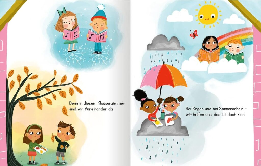 Unsere Klasse ist wie eine Familie - Vier Szenen mit Herbstlaub, Schnee, Regen und Regenbogen