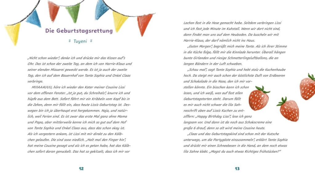 Wir packen das und sagen was - Die Geburtstagsrettung - Text mit Girlande und drei Erdbeeren