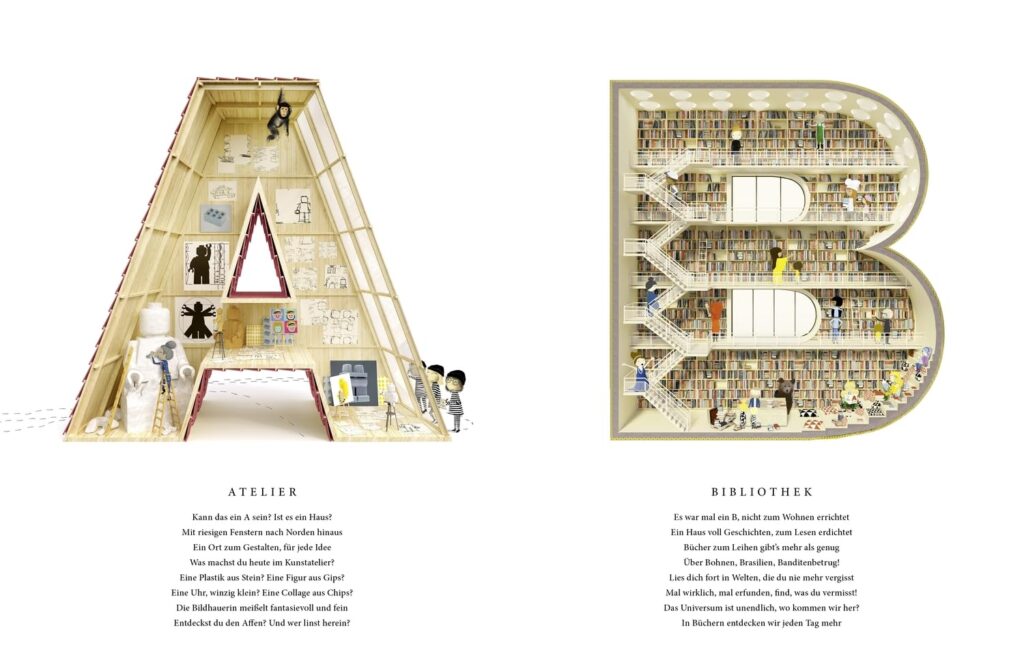 Buchstabenhausen - Die Buchstaben A und B als Atelier und Bibliothek