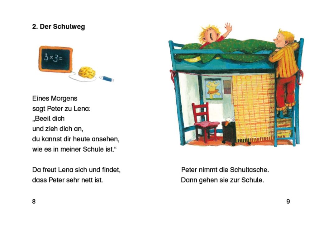 Ich will auch in die Schule gehen - Lena im Hochbett, Peter steigt die Leiter hoch