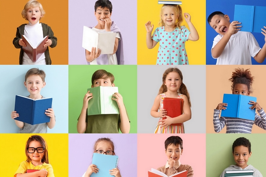 Buchgeschichten über die Liebe zu den Büchern, Worten und das Lesen: Dargestellt sind verschiedene Kinder, die ein Buch in der Hand haben