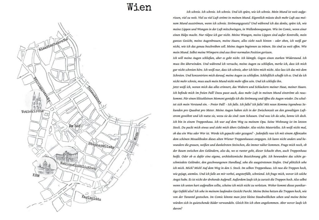 Die vergessene Stadt - Spurensuche in den Wiener Unterwelten: Dargestellt ist ein Stadtplan der Wiener Innenstadt in schwarz-weiß sowie ein Text, der einen Traum beschreibt.