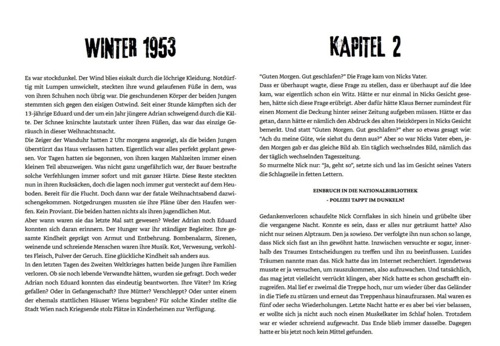 Die vergessene Stadt - Vergangenheit und Gegenwart: Abgebildet sind zwei Texte, einer mit der Überschrift Winter 1953 und einer mit der Überschrift Kapitel 2.