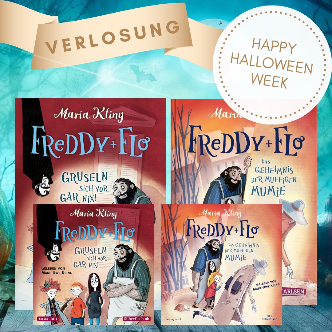 Freddy und Flo - Happy Halloween Week Verlosung: Abgebildet sind zwei Bücher und zwei Hörbücher der Buchreihe Freddy und Flo.