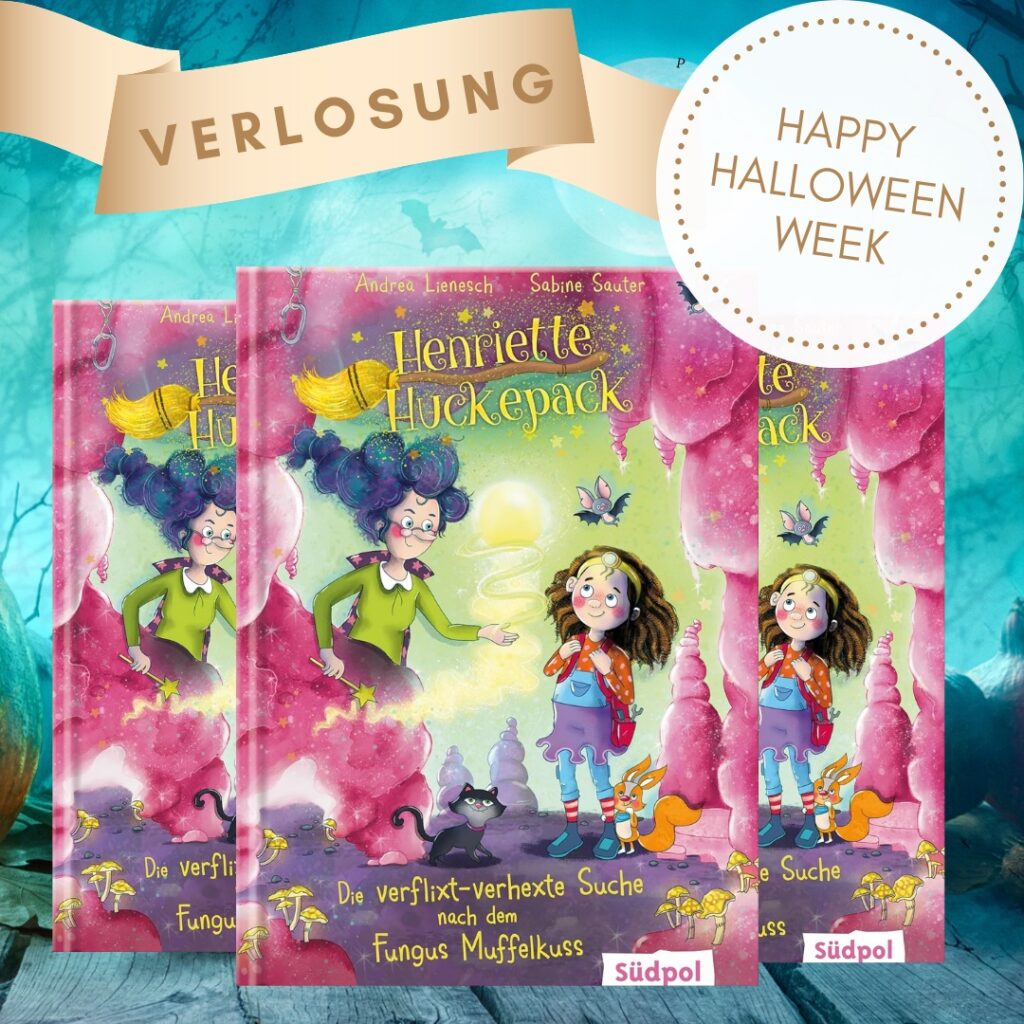 Henriette Huckepack -Happy Halloween Week Verlosung: Dargestellt sind drei Bücher und der Schriftzug zur Verlosungsaktion.