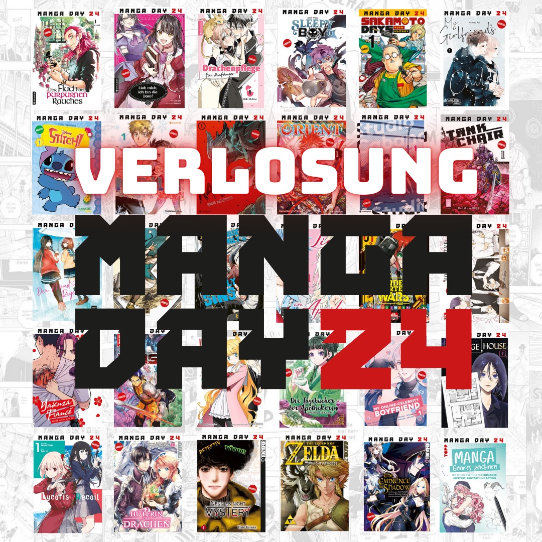 MANGA DAY 2024 - Verlosung: Abgebildet sind 30 verschiedene Manga-Hefte und der Schriftzug Verlosung