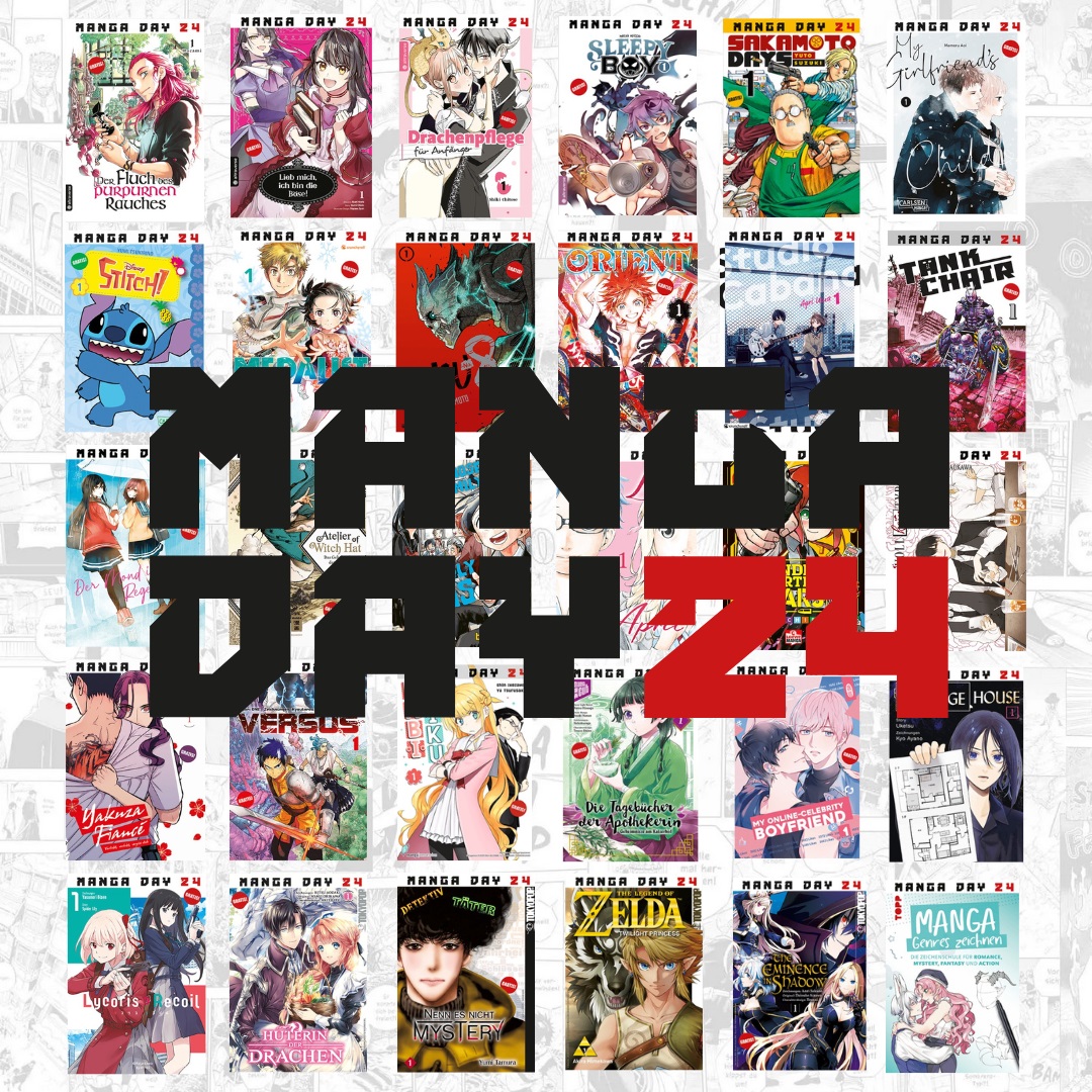 MANGA DAY 2024: Dargestellt sind 30 verschiedene Manga-Hefte und der Schriftzug MANGA DAY 2024