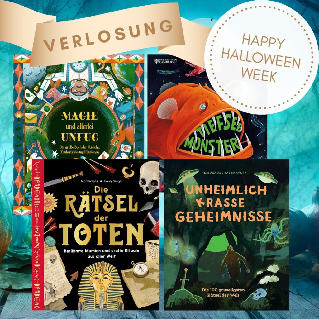 Magie, Mumien und allerlei Monster-Buchpaket zur Happy Halloween Week: Dargestellt sind 4 Bücher, die es bei der Verlosung zu gewinnen gibt sowie der Schriftzug zur Gewinnspielaktion.