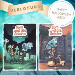 Sam und die Geister - Happy Halloween Week Verlosung: Dargestellt sind 2 Comic-Bücher sowie der Text zur Verlosungsaktion.