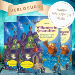 Willkommen im Geisterschloss - Happy Halloween Week Verlosung: Abgebildet sind drei Bücher sowie der Schriftzug zur Verlosungsaktion.