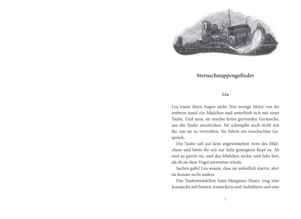 Birds of Paris - Sternschnuppengefieder: Abgebildet ist die Kathedrale Notre-Dame und eine einzelne schimmernde Feder, die durch die Luft fliegt.