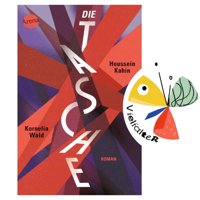 Buchcover von Die Tasche und das Logo des Vielfalter-Literaturpreises