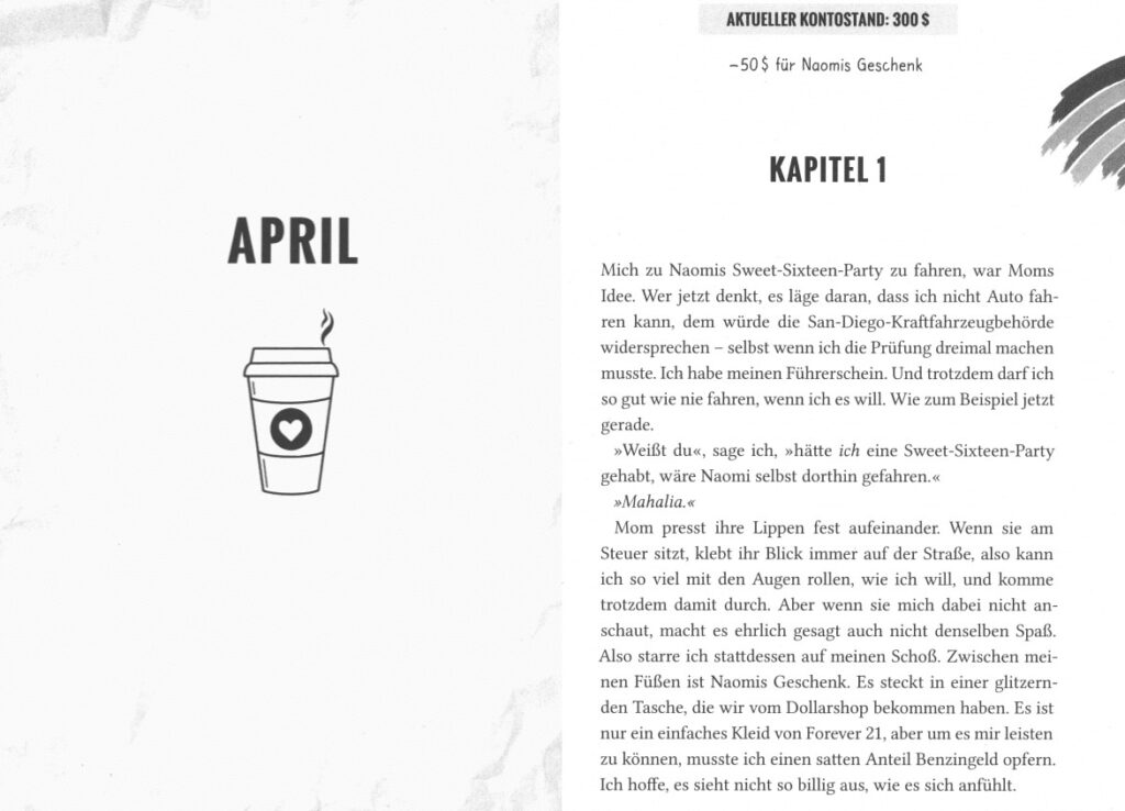 Friday I'm in Love - Kapitel 1: Dargestellt sind ein Kaffeebecher und einen Regenbogen sowie die Überschrift und der Text.