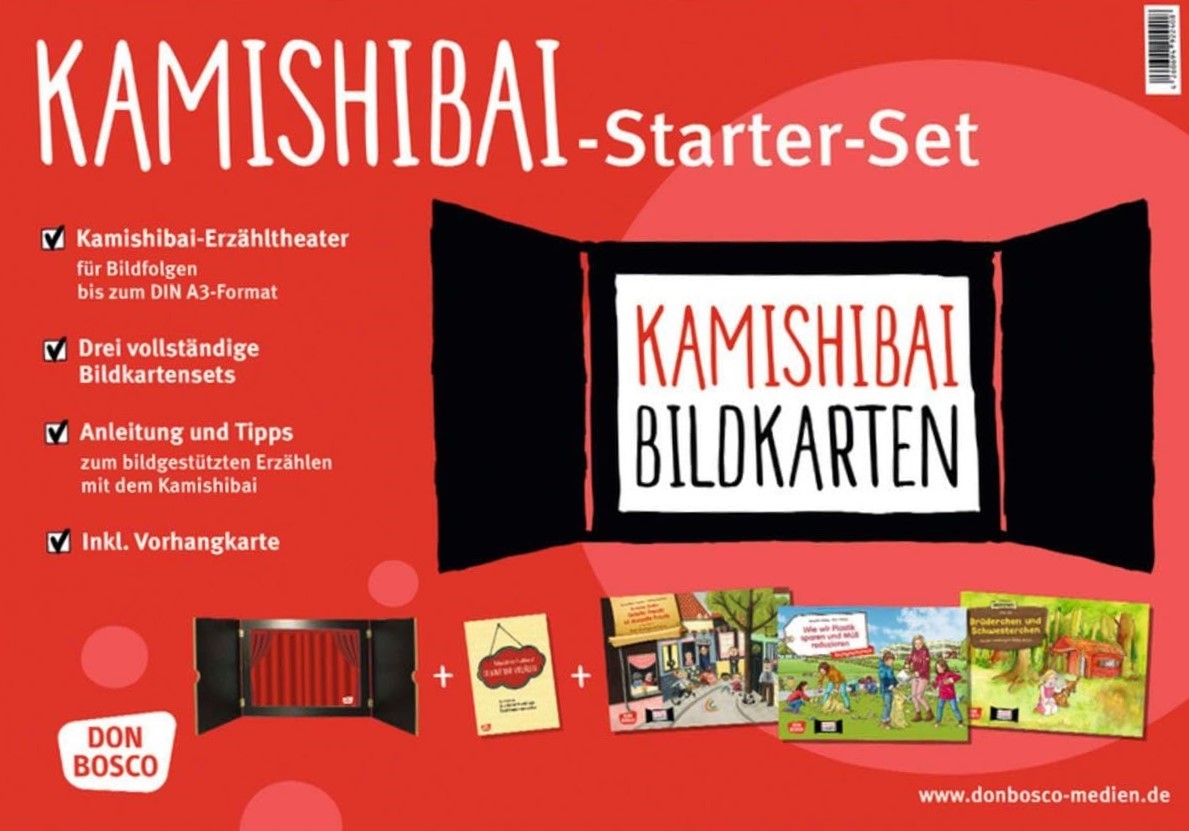 Kamishibai-Starter-Set: Erzähltheater-Rahmen mit Anleidtung und drei Bildergeschichten. 