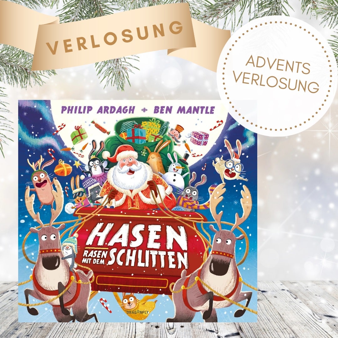 Hasen rasen mit dem Schlitten - Adventsverlosung: Abgebildet ist das Buch sowie der Text zur Adventsverlosungsaktion.