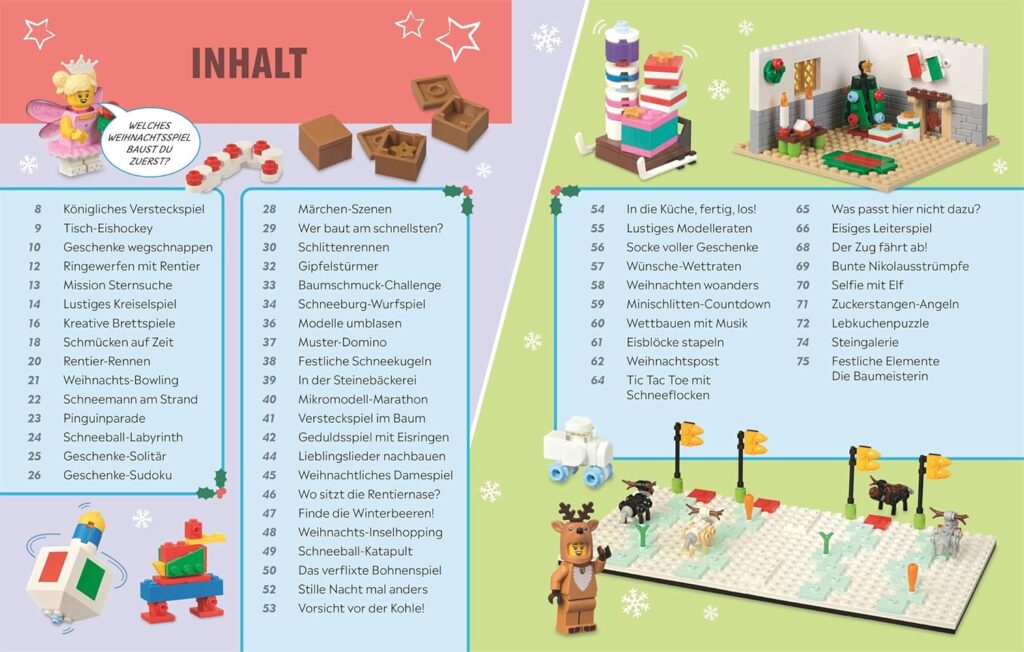 LEGO® Weihnachten Das Spielbuch - Inhaltsübersicht: Abgebildet ist die Übersicht der enthaltenen Spiele, Rätsel und Bau-Herausforderungen.