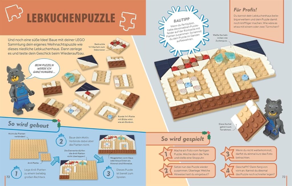 LEGO® Weihnachten Das Spielbuch - Lebkuchenpuzzle: Dargestellt ist die Anleitung für das Puzzle in Text und Foto.