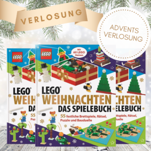 LEGO® Weihnachten Das Spielbuch - Adventsverlosung: Abgebildet sind drei Exemplare des Buches sowie der Text zur Adventsverlosungsaktion.