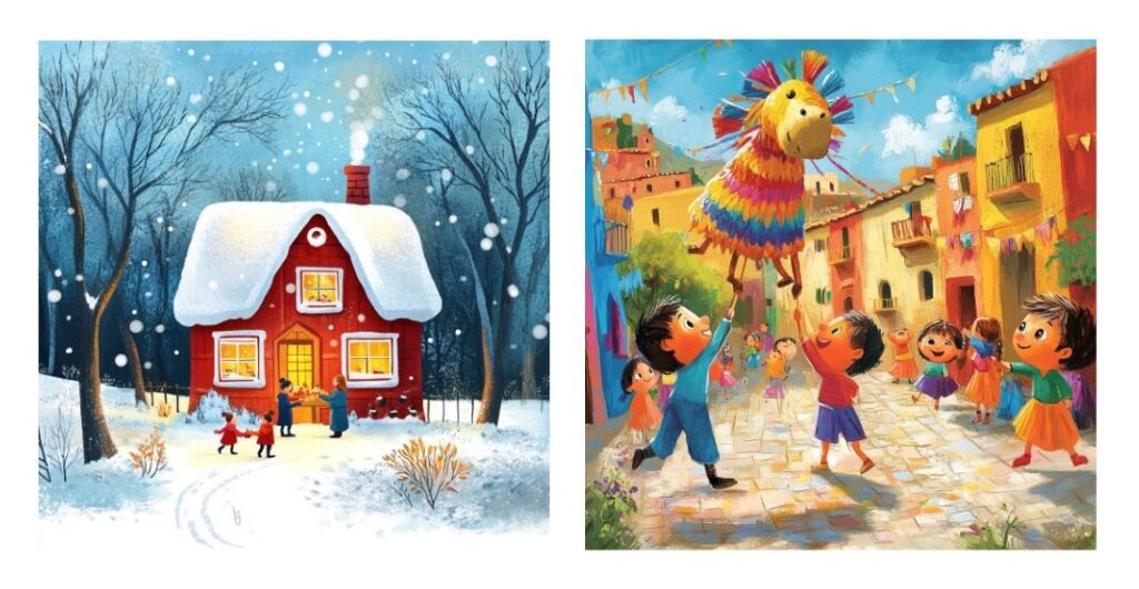 Mein Buch mit 24 Weihnachtsgeschichten - Weihnachtszeit in Schweden und Mexiko: Dargestellt sind zwei Szenen - einmal ein rotes Haus in einer Winterlandschaft und auf der anderen sind Kinder mit einer Piñata zu sehen.