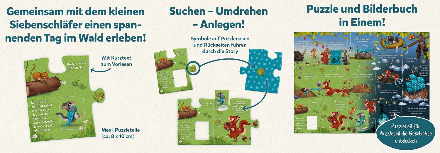 Mein erstes Story-Puzzle - Der kleine Siebenschläfer Puzzle und Bilderbuch in einem: Dargestellt ist eine Anleitung wie das Puzzeln der Bilderbuchgeschichte funktioniert. 