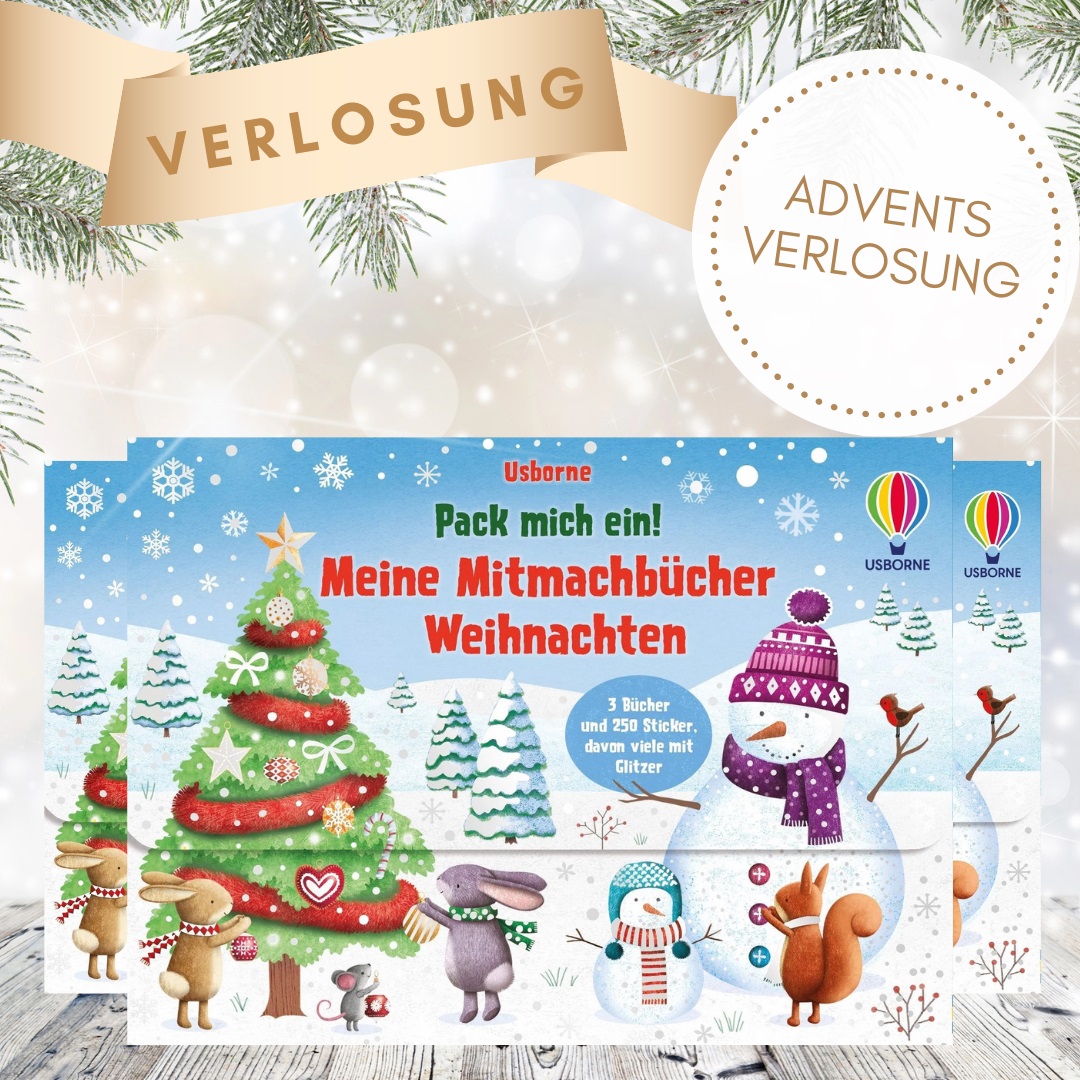 Pack mich ein! Meine Mitmachbücher: Weihnachten - Adventsverlosung: Abgebildet sind drei Exemplare des Buches sowie der Text zur Adventsverlosungsaktion.