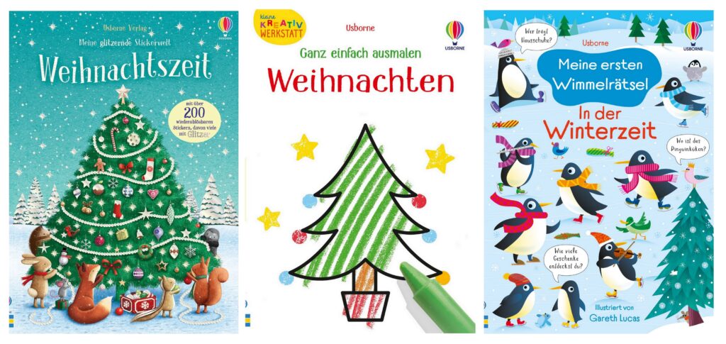 Pack mich ein! Meine Mitmachbücher: Weihnachten - Weihnachten - Weihnachtlicher Kreativspaß: Dargestellt sind drei Bücher, die zum Stickern, Suchen und Ausmalen einladen.