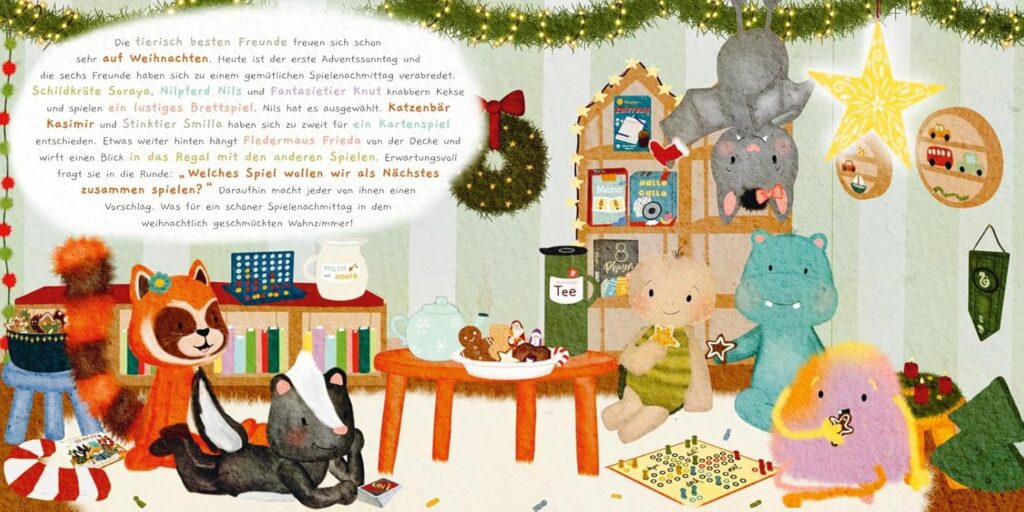 So bin ich – Alles für die Weihnachtszeit - Spielenachmittag am Adventssonntag: Dargestellt sind verschiedene Tiere, die in einem Kinderzimmer sitzen und zusammen spielen.