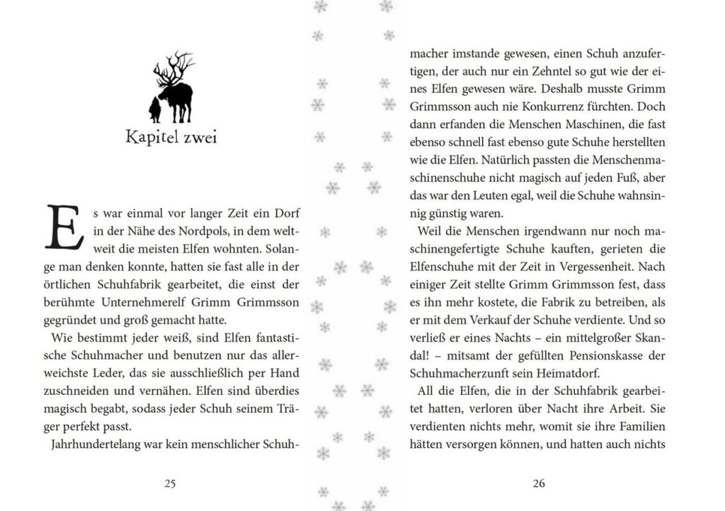 Die Nacht in der ich Weihnachten rettete - Kapitel 2: Abgebildet ist der Text der ersten zwei Seiten des Kapitels sowie ein Rentier und ein Elf in einer kleinen schwarzen Zeichnung.