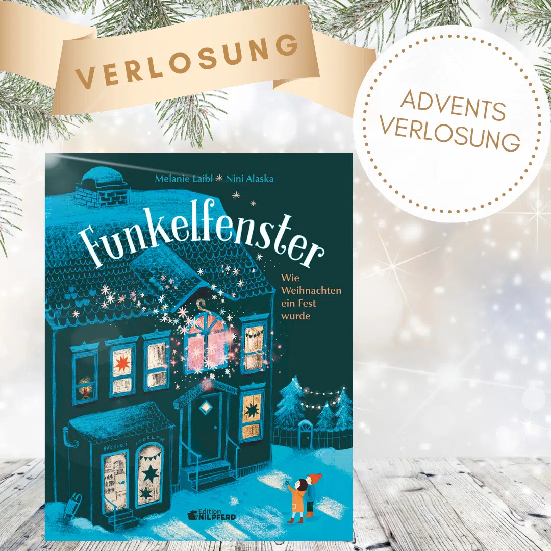 Funkelfenster - Adventsverlosung: Abgebildet ist das Buch sowie der Text zur Adventsverlosungsaktion.