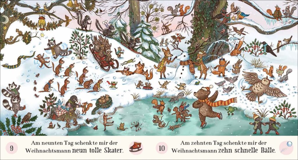 Weihnachten mit Bär und seinen Freunden - Am neunten und zehnten Tag: Dargestellt ist eine Szene in einem winterlichen Wald, in dem die Tiere rodeln und Schlittschuh auf dem Eis laufen.