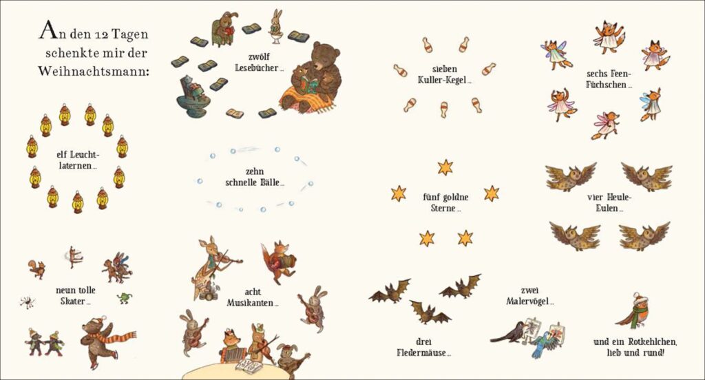 Weihnachten mit Bär und seinen Freunden - An den 12 Tagen schenkte mir der Weihnachtsmann: Abgebildet sind verschiedene Tiere und weihnachtliche Elemente.