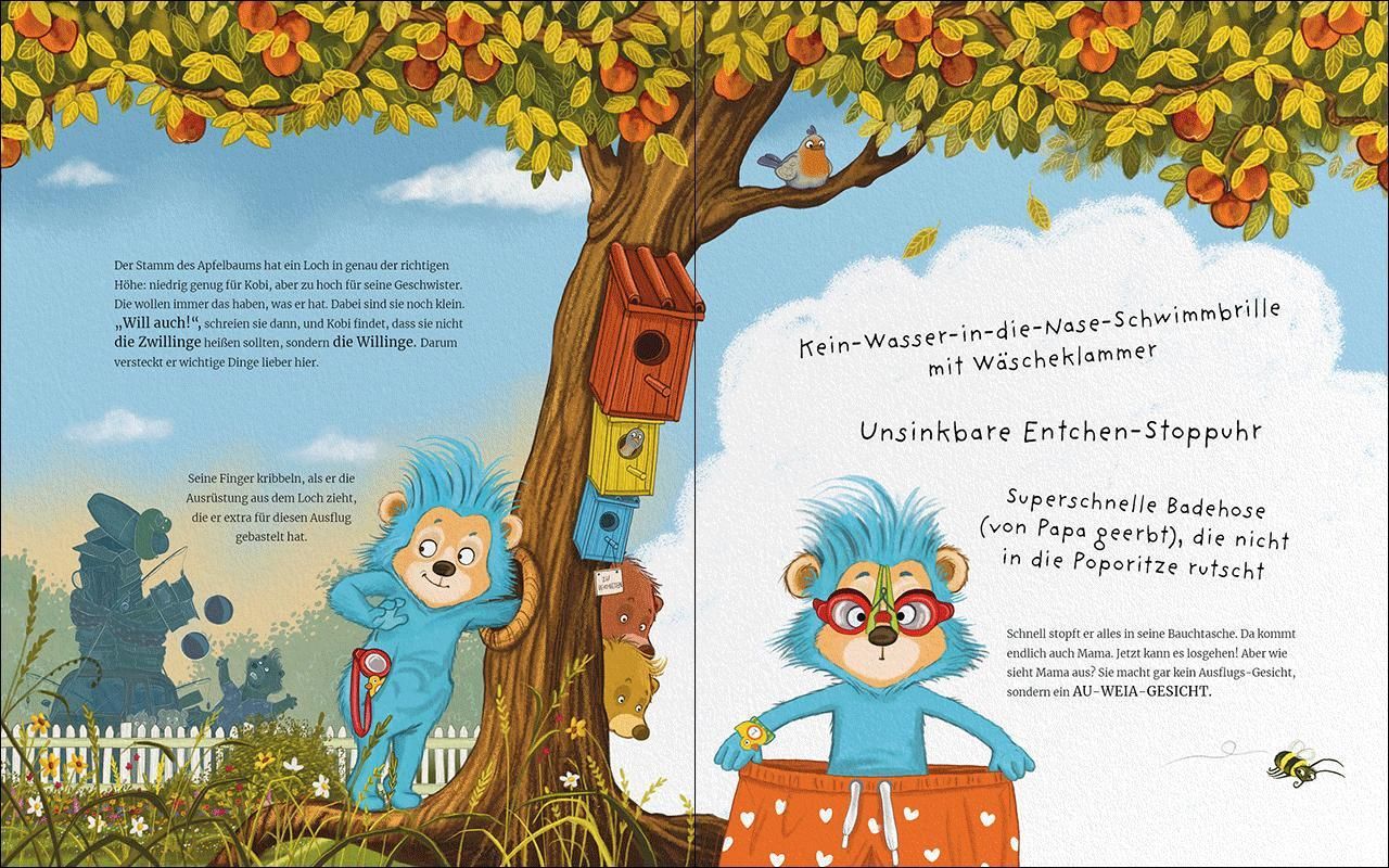 Der Kopfübär entdeckt, was in ihm steckt - Geheimversteck im Apfelbaum: Dargestellt ist ein blauer Bär, der einem Arm in ein Loch in einem Baumstamm steckt.