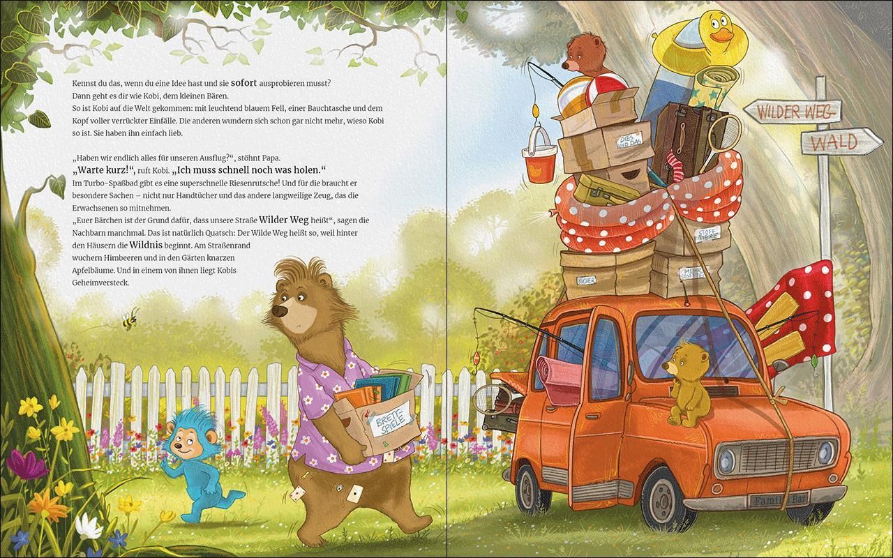 Der Kopfübär entdeckt, was in ihm steckt - Vorbereitungen für den Ausflug: Abgebildet ist ein voll beladenes Auto und zwei Bären, die es beladen.