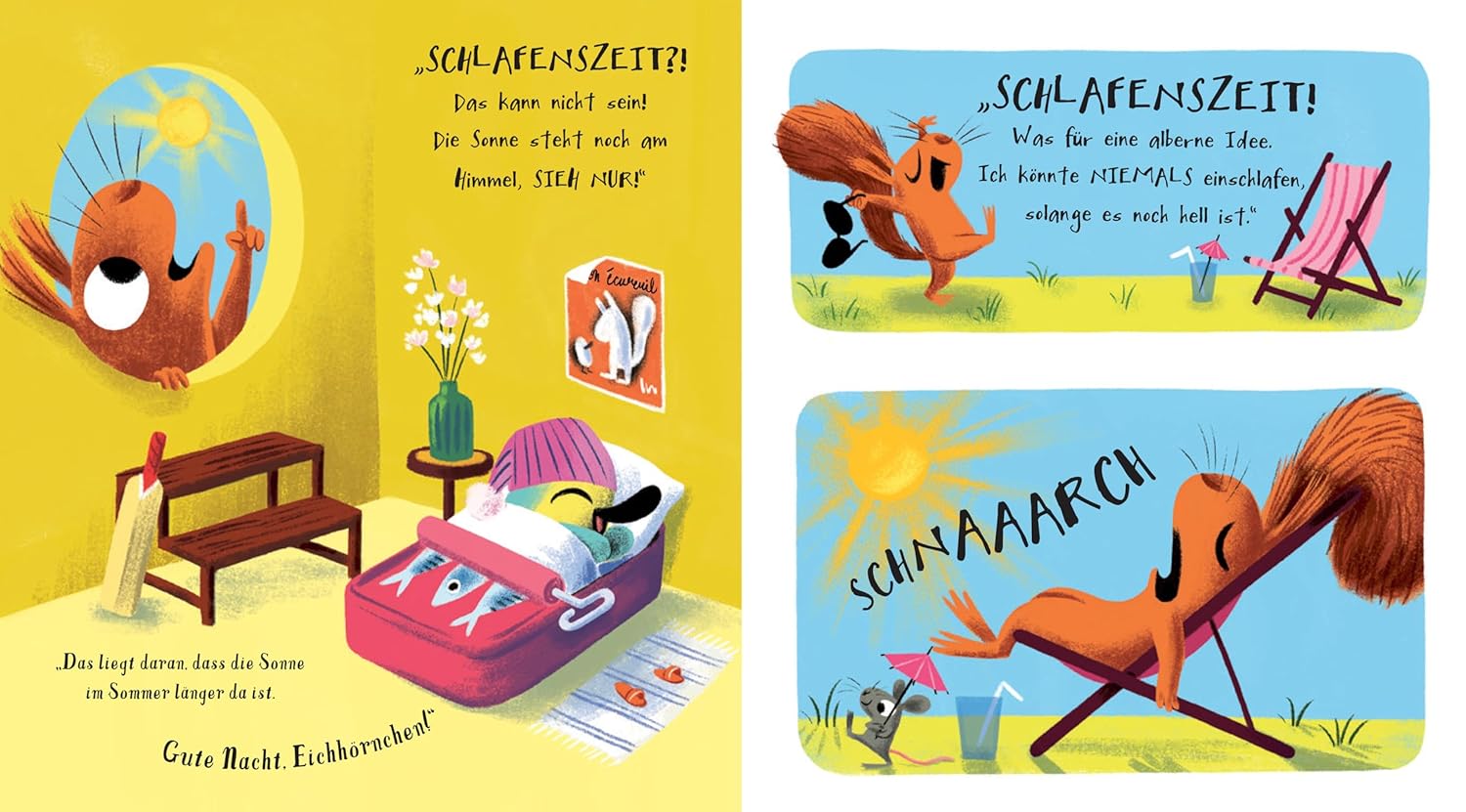 Der Sonnendieb - Lange Tage: Dargestellt ist ein Vogel, der in einem Bett schläft und ein Eichhörnchen, das in einem Liegestuhl einschläft.