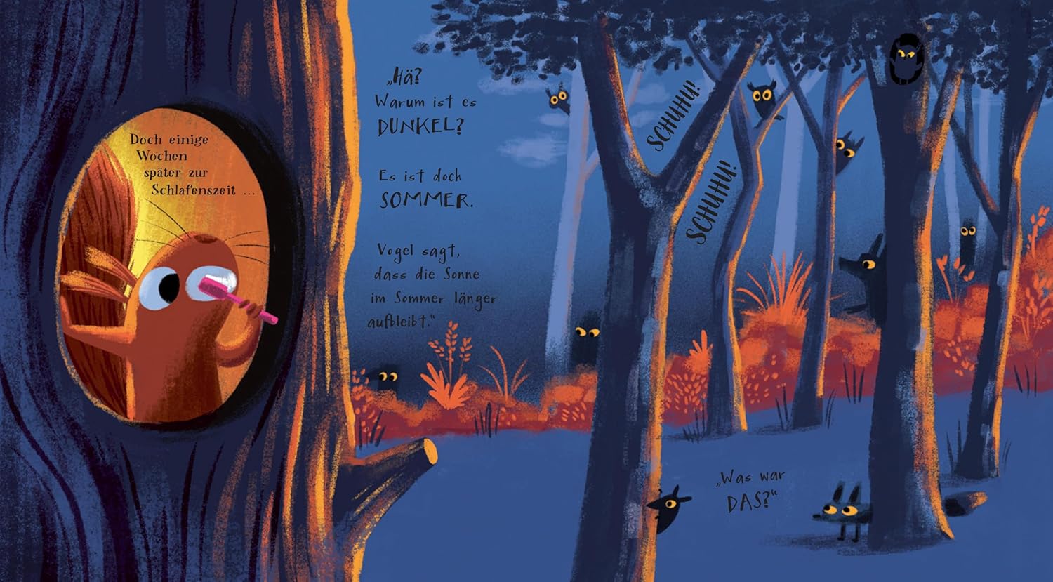 Der Sonnendieb - Plötzlich dunkel: Zu sehen, ist ein Eichhörnchen, das beim Zähneputzen aus einem Astloch in die Dunkelheit des Waldes schaut.