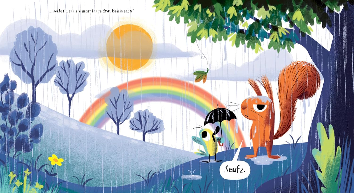 Der Sonnendieb - Regenwetter: Abgebildet sind ein Vogel und ein Eichhörnchen, die im Regen stehen und einen Rgenebogen sehen.
