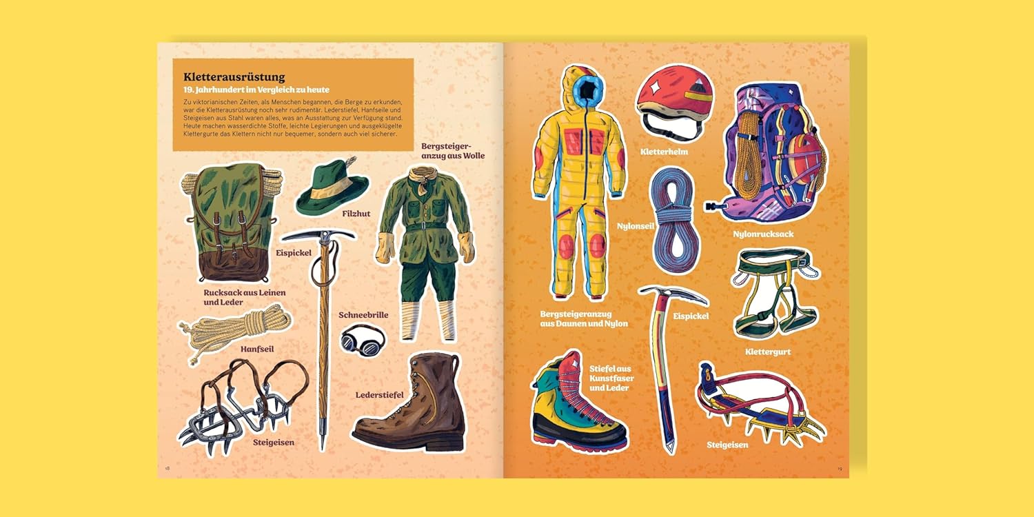 Gigantische Berge und wie man sie erklimmt - Kletterausrüstung: Dargestellt sind Kletterausrüstungen von damals und heute im Vergleich.