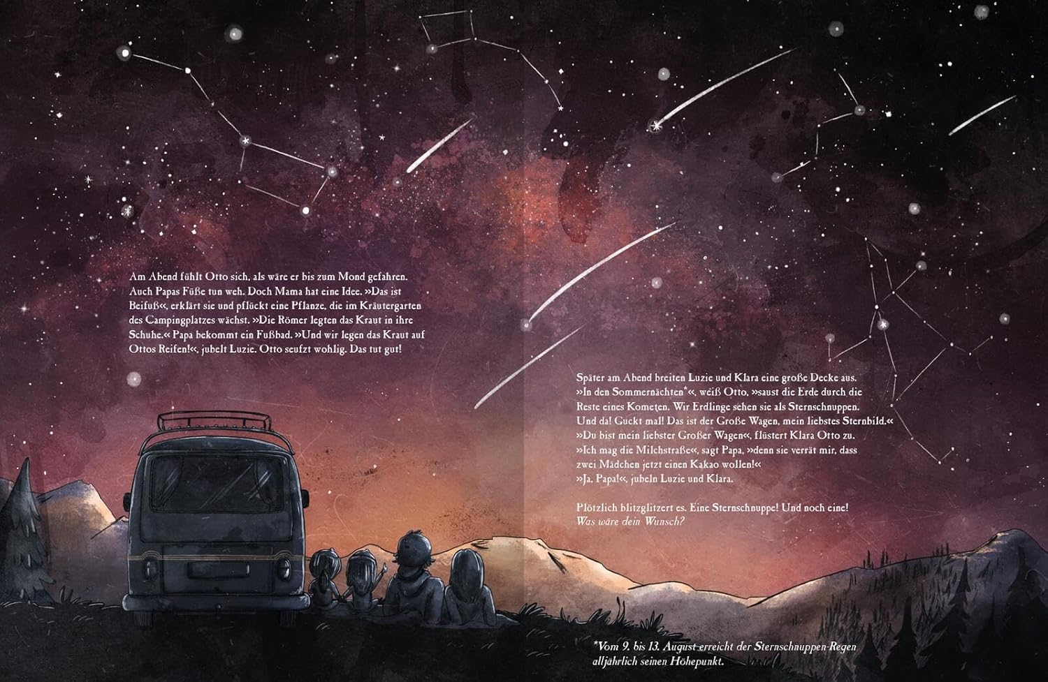OTTO fährt los – Ein Sommer in den Bergen - Nächtliche Sternschnuppenschauer: Dargestellt ist, wie eine Familie abends in der Dunkelheit neben einem Campingbus sitzt und in den Sternenhimmel schaut.